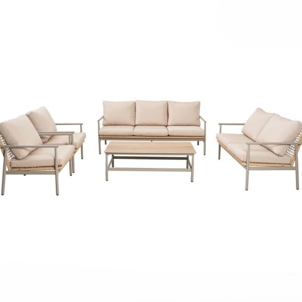  Elegant beige outdoor seating set for seven with balanced layout 