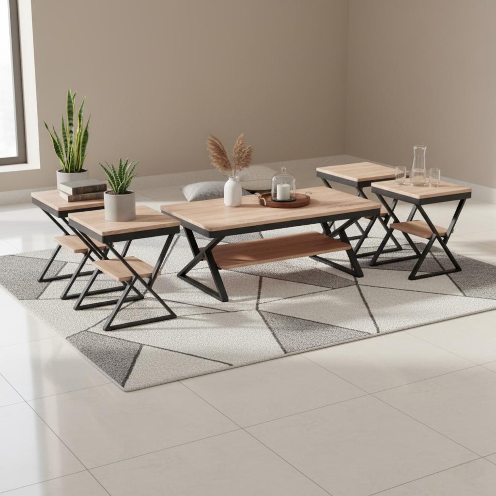  Modern wooden tables set with black metal frame 