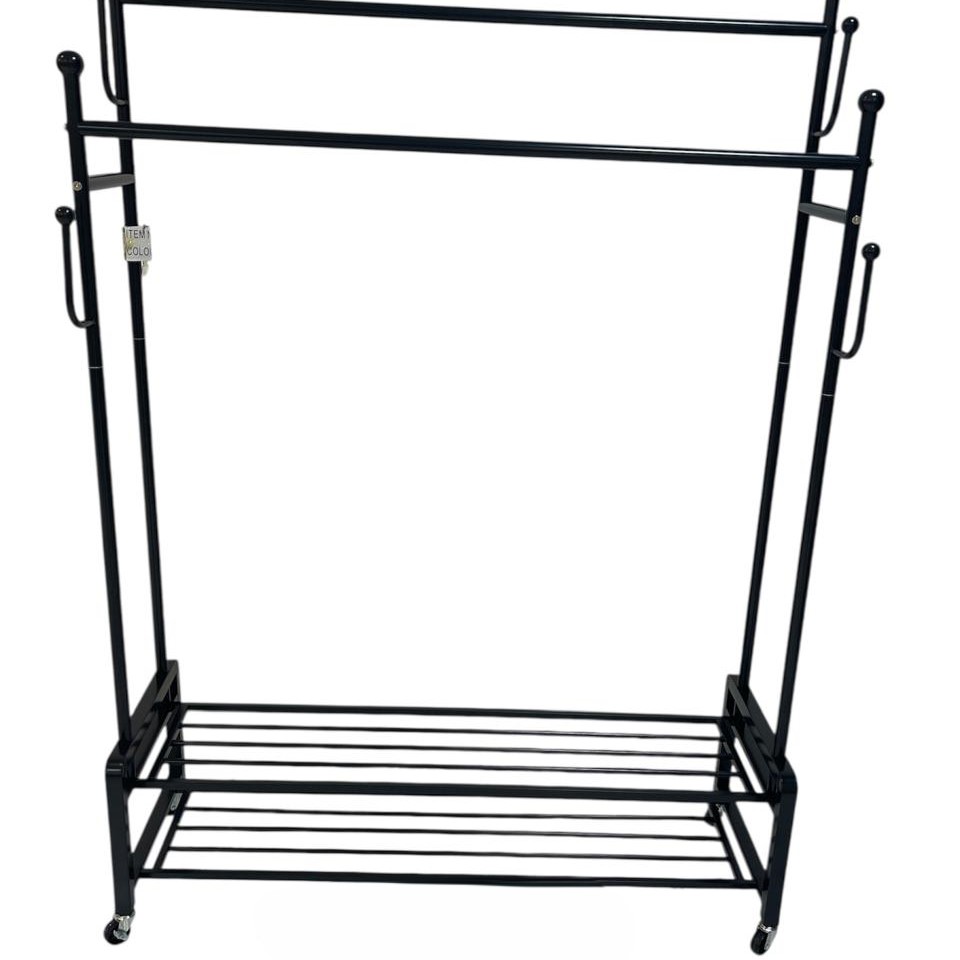  Black metal clothes rack with bottom shelf and side hooks 
