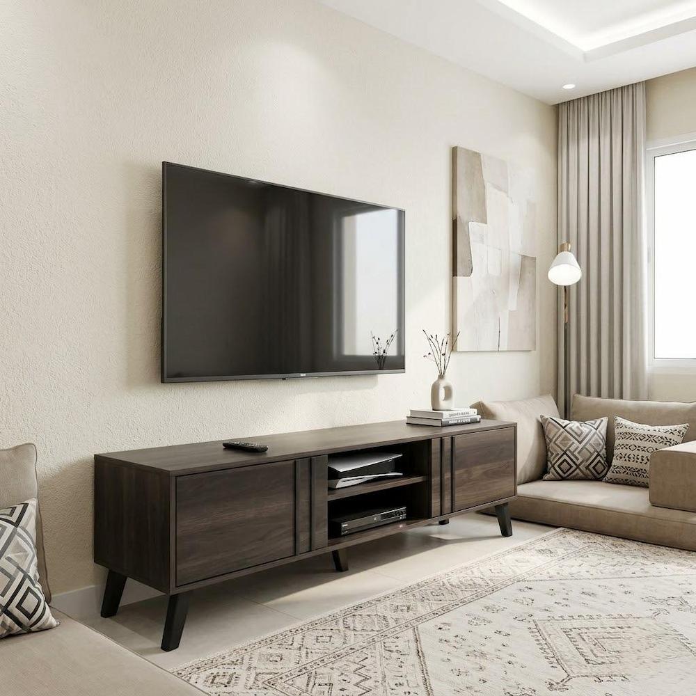  Dark brown TV console with modern design and storage 