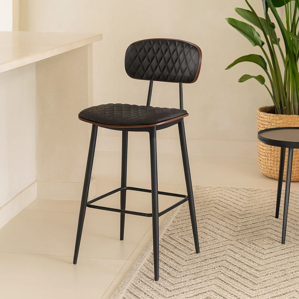  Black bar stool with quilted leather and metal frame 