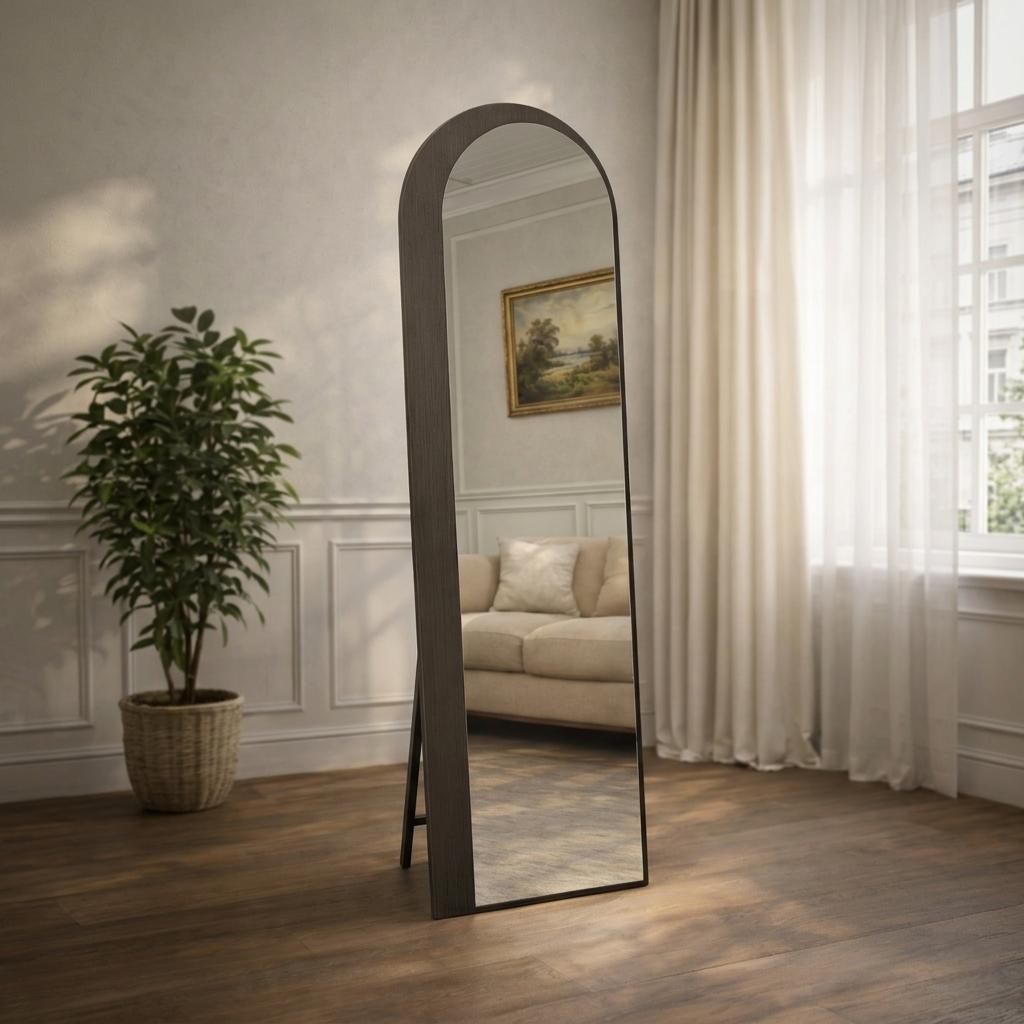  Gray arched standing floor mirror elegant living room decor 