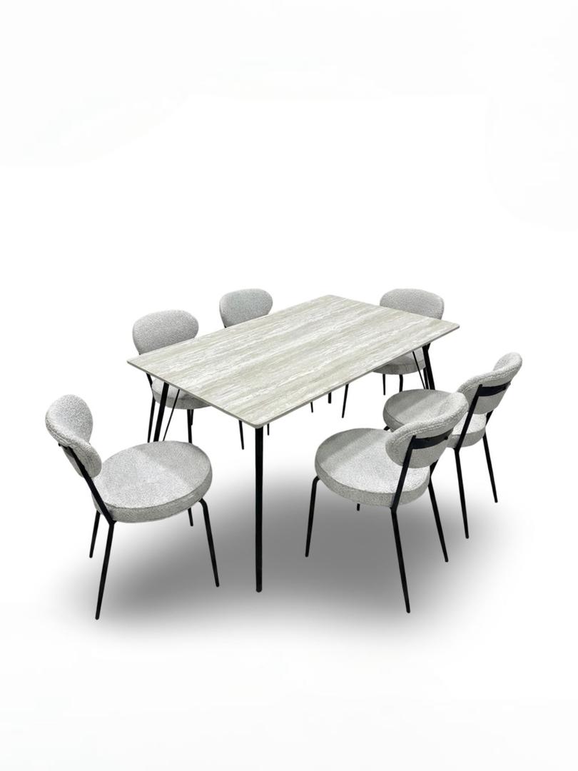  150x90 dining table with 6 light gray chairs and light wood top 