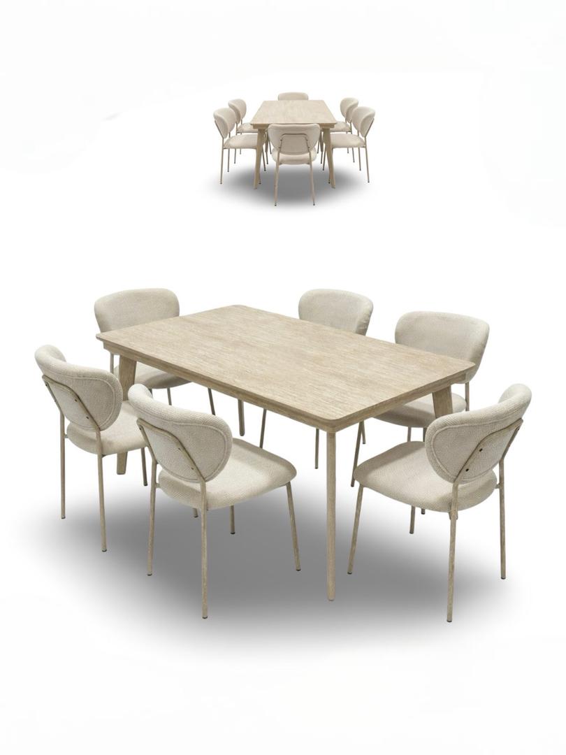  Dining table with 6 fabric chairs in beige and light wood 