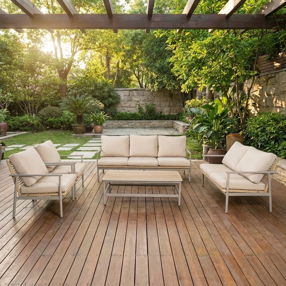  Beige outdoor seating set styled in a natural garden setting 
