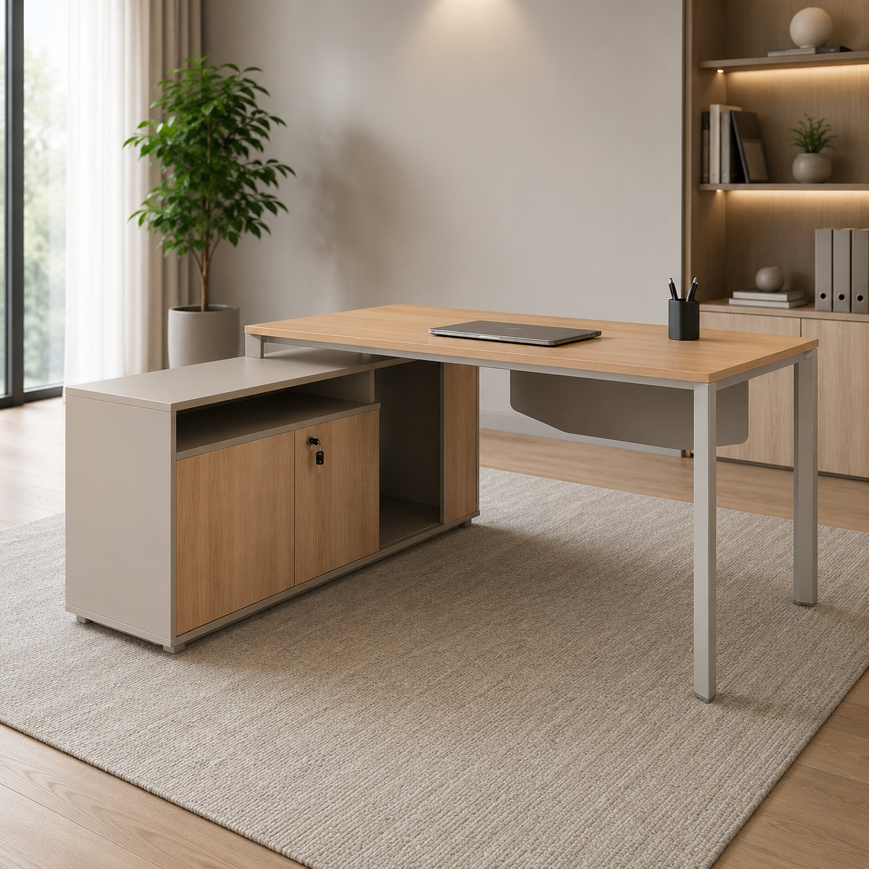  Light Wood and Beige Desk with Locking Side Cabinet 