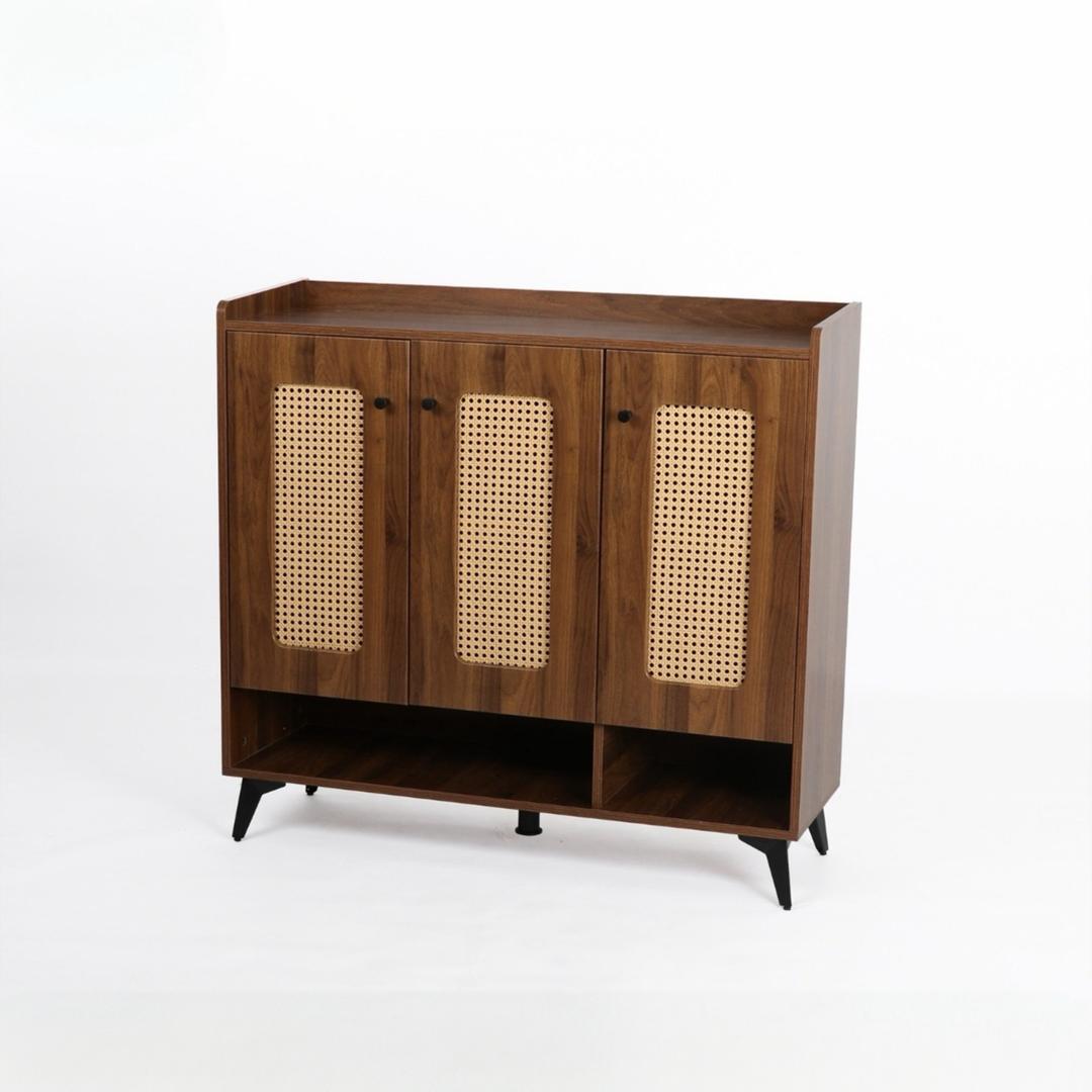  Brown wooden shoe cabinet with cane details 