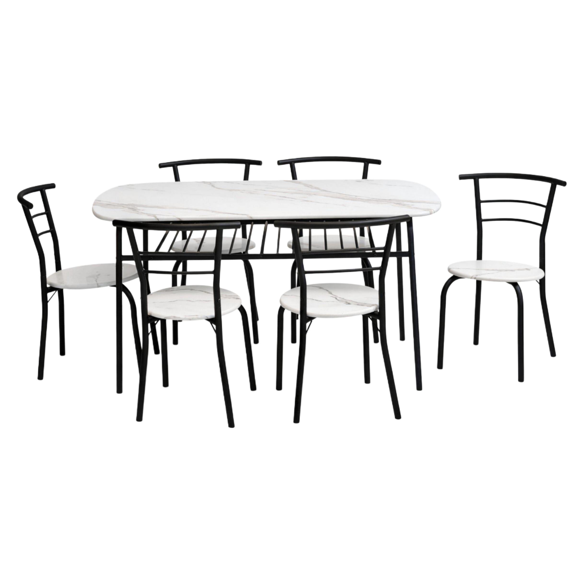  Multi color dining table with 6 chairs white marble top 