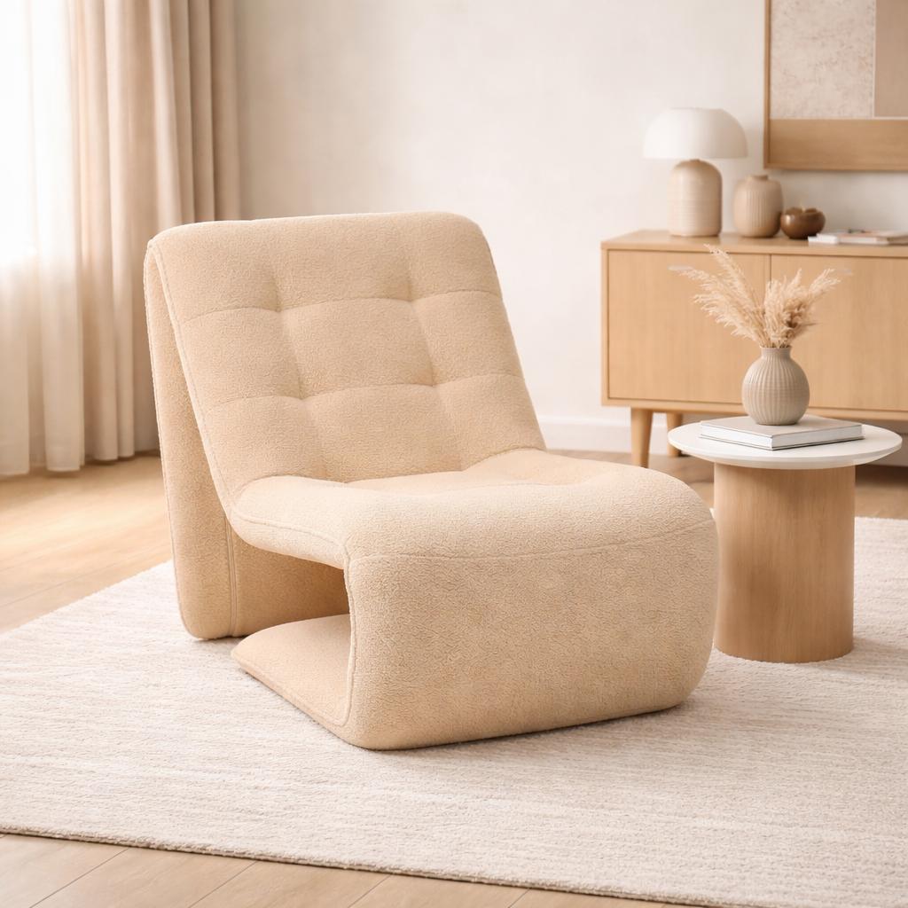  Beige boucle lounge chair, curved modern design 