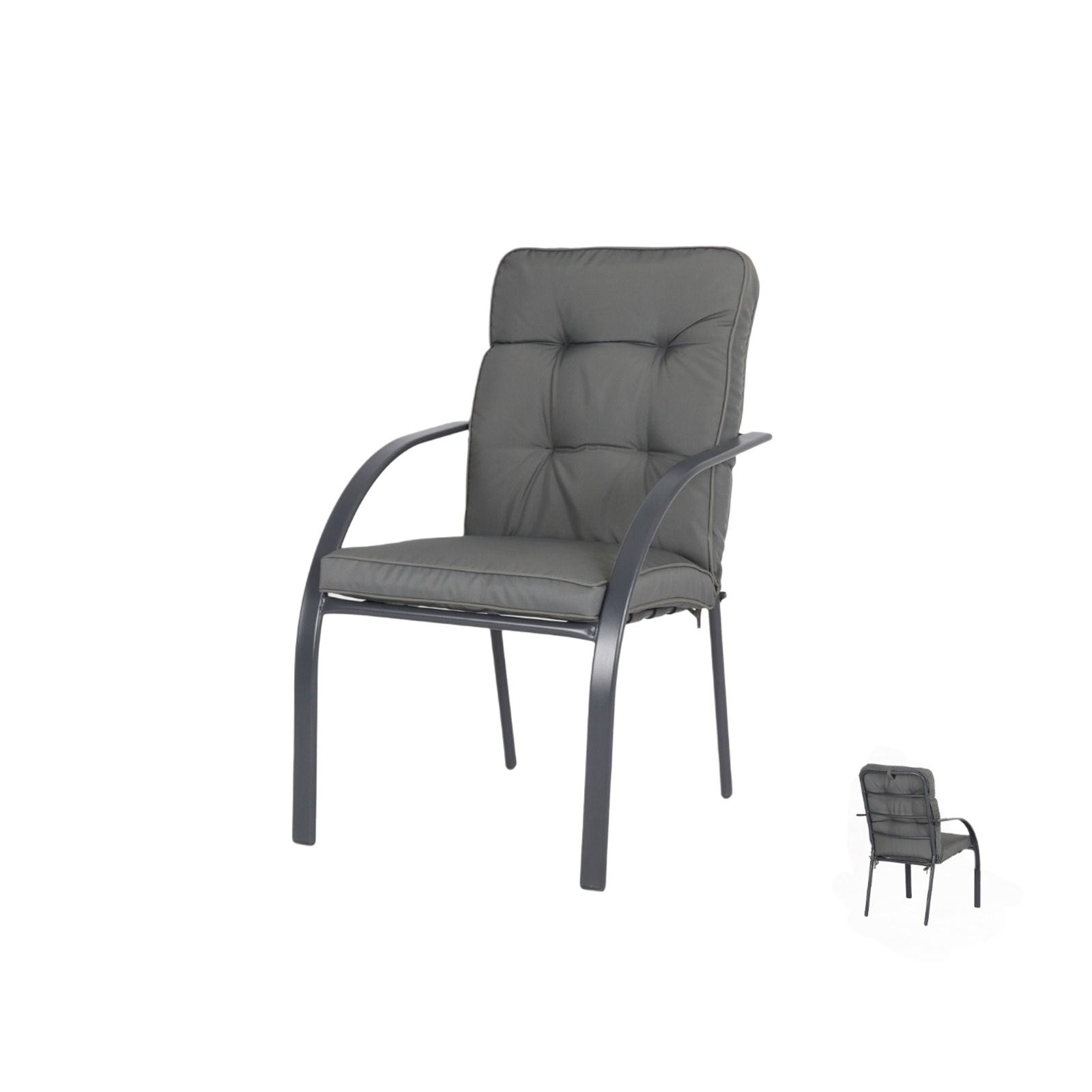  Gray padded outdoor lounge chair with armrests 