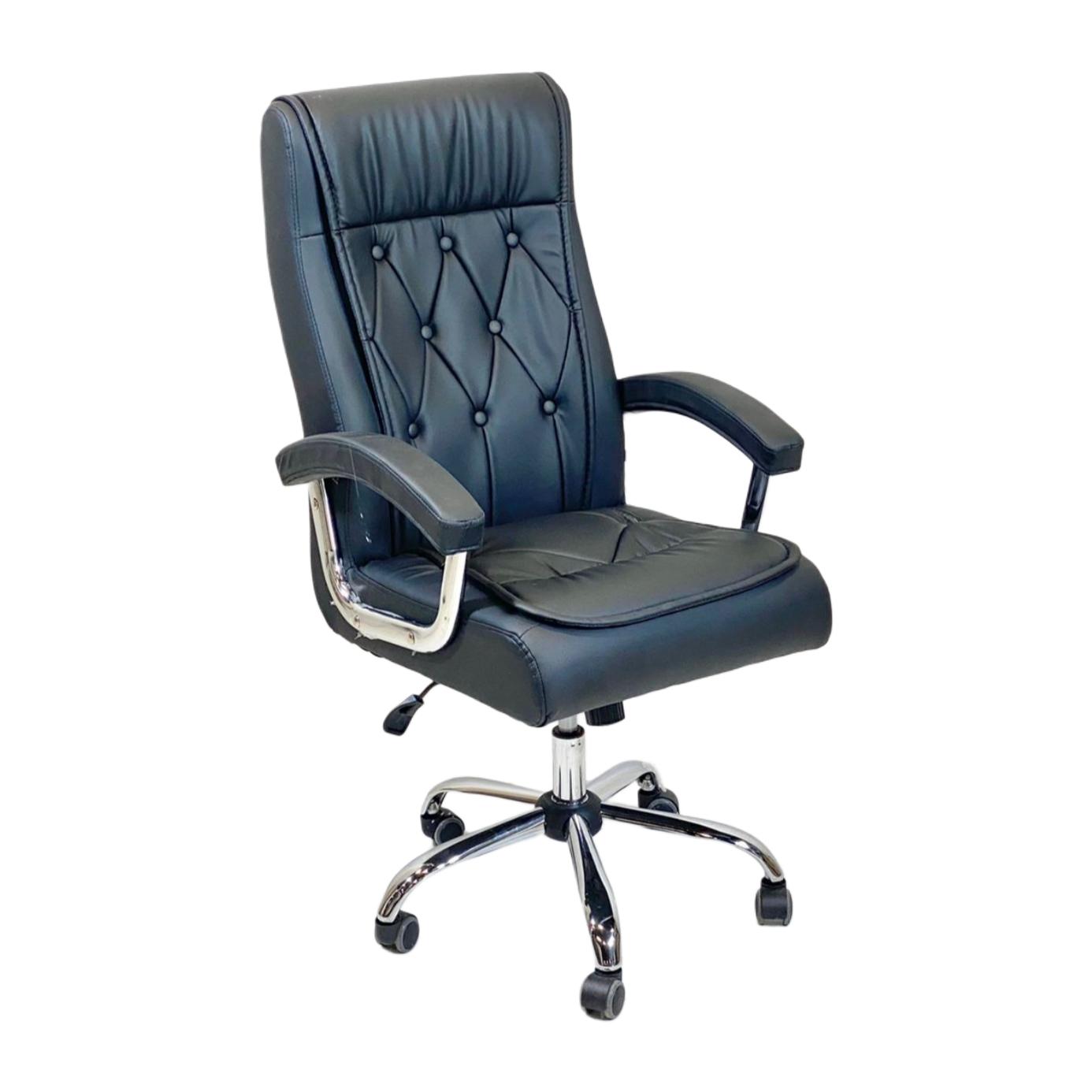  Black button-tufted leather office chair with wheeled base 