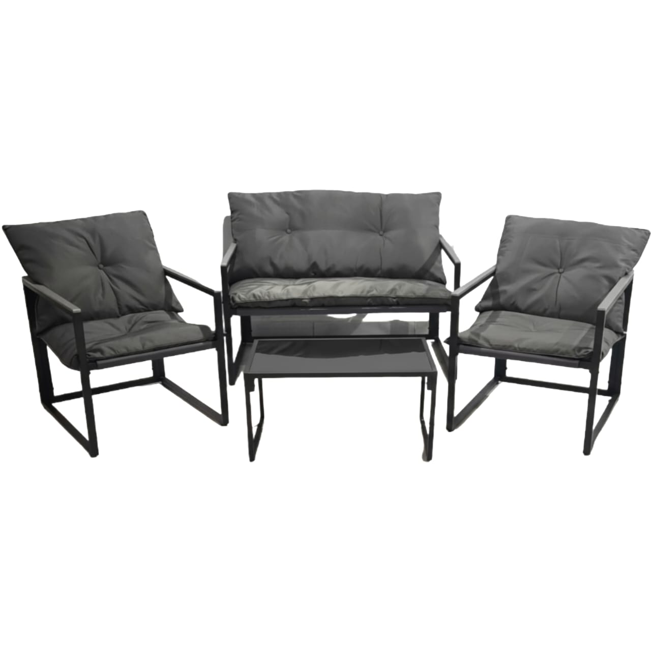  Grey outdoor metal garden set for four persons with black frame and glass table 