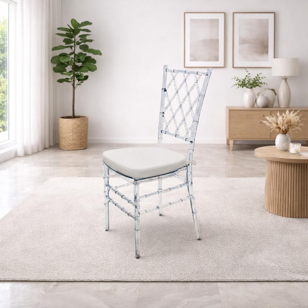  Transparent chair with an elegant design and white cushion in modern home decor 