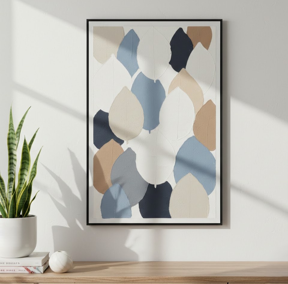  لوحة جدارية أوراق بألوان أزرق وبيج 80×120 