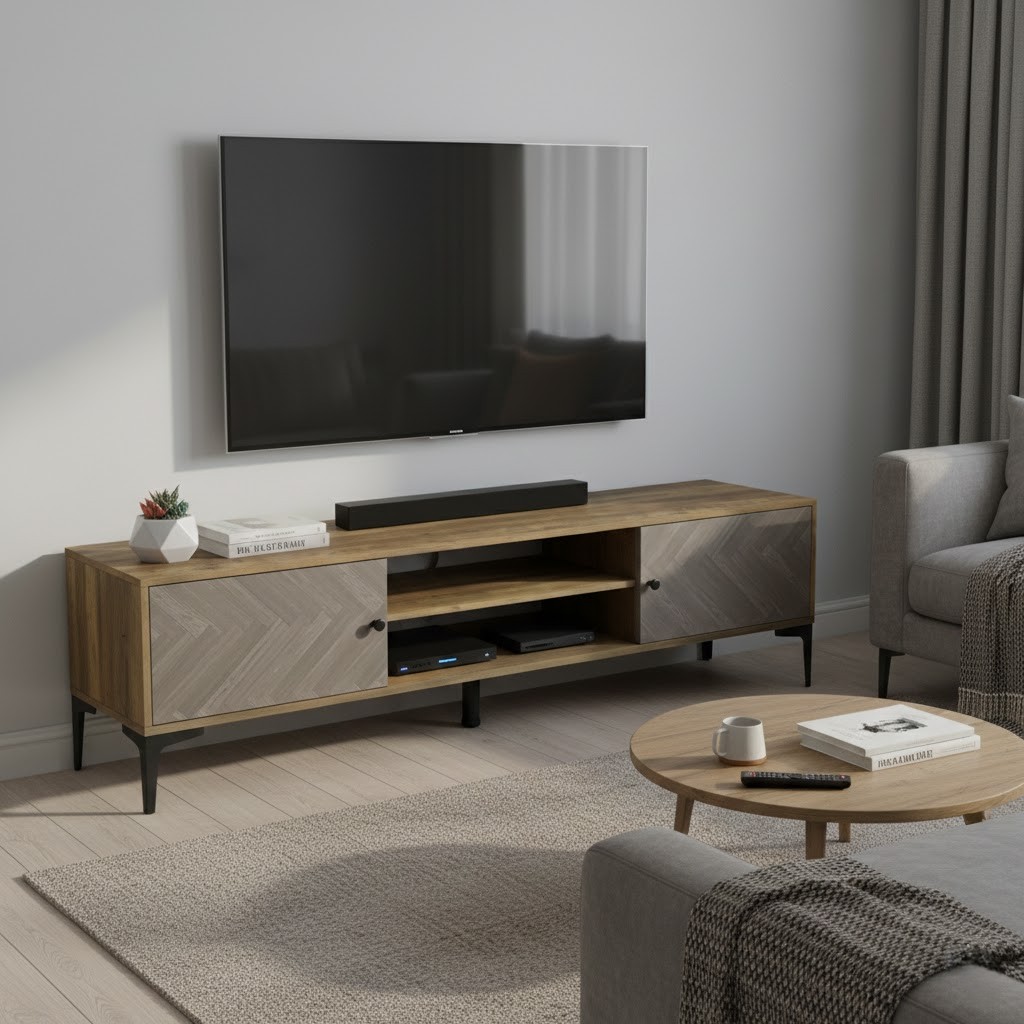  180 cm wooden TV stand with geometric front panels in modern living room 