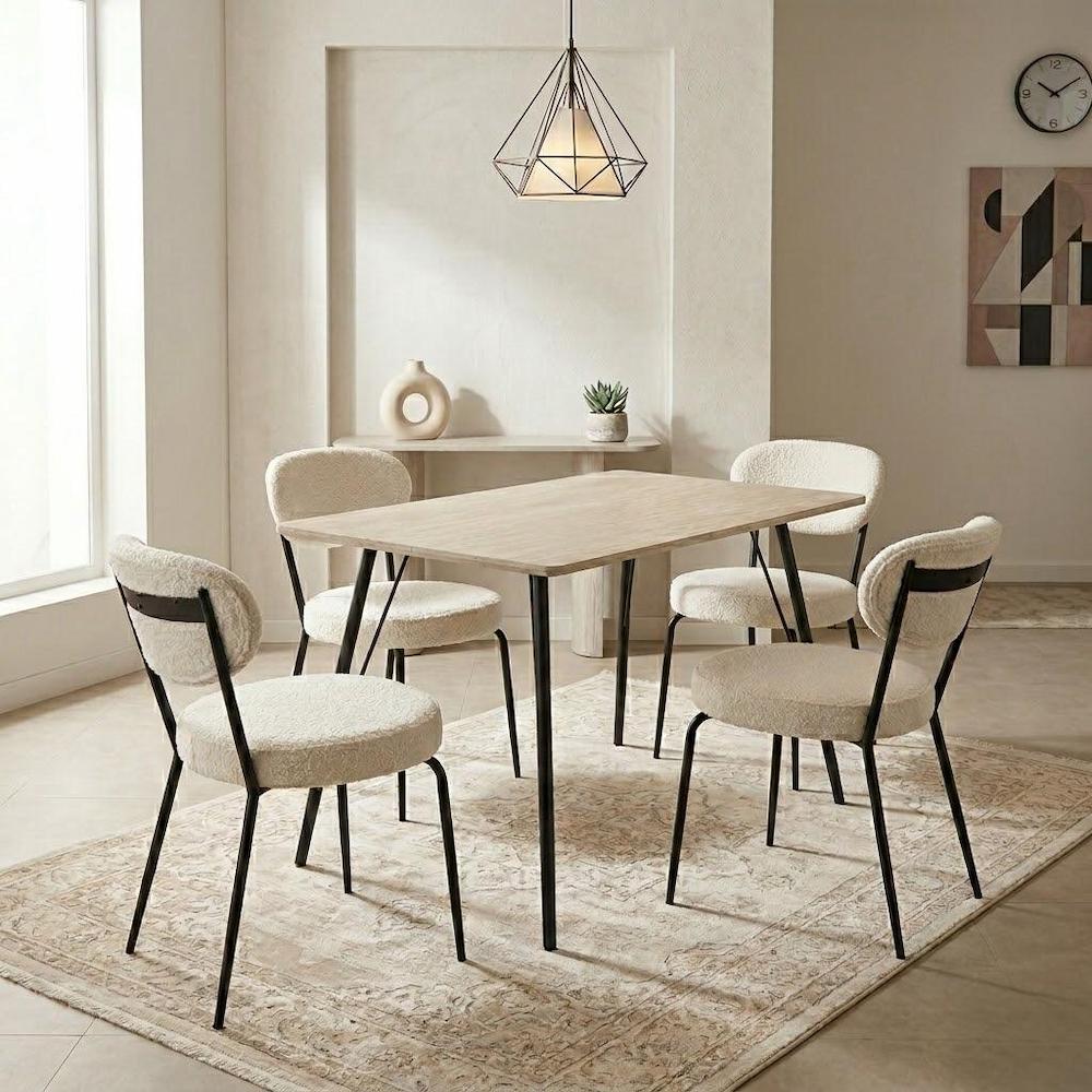  120x70 dining table with 4 beige chairs in modern space 