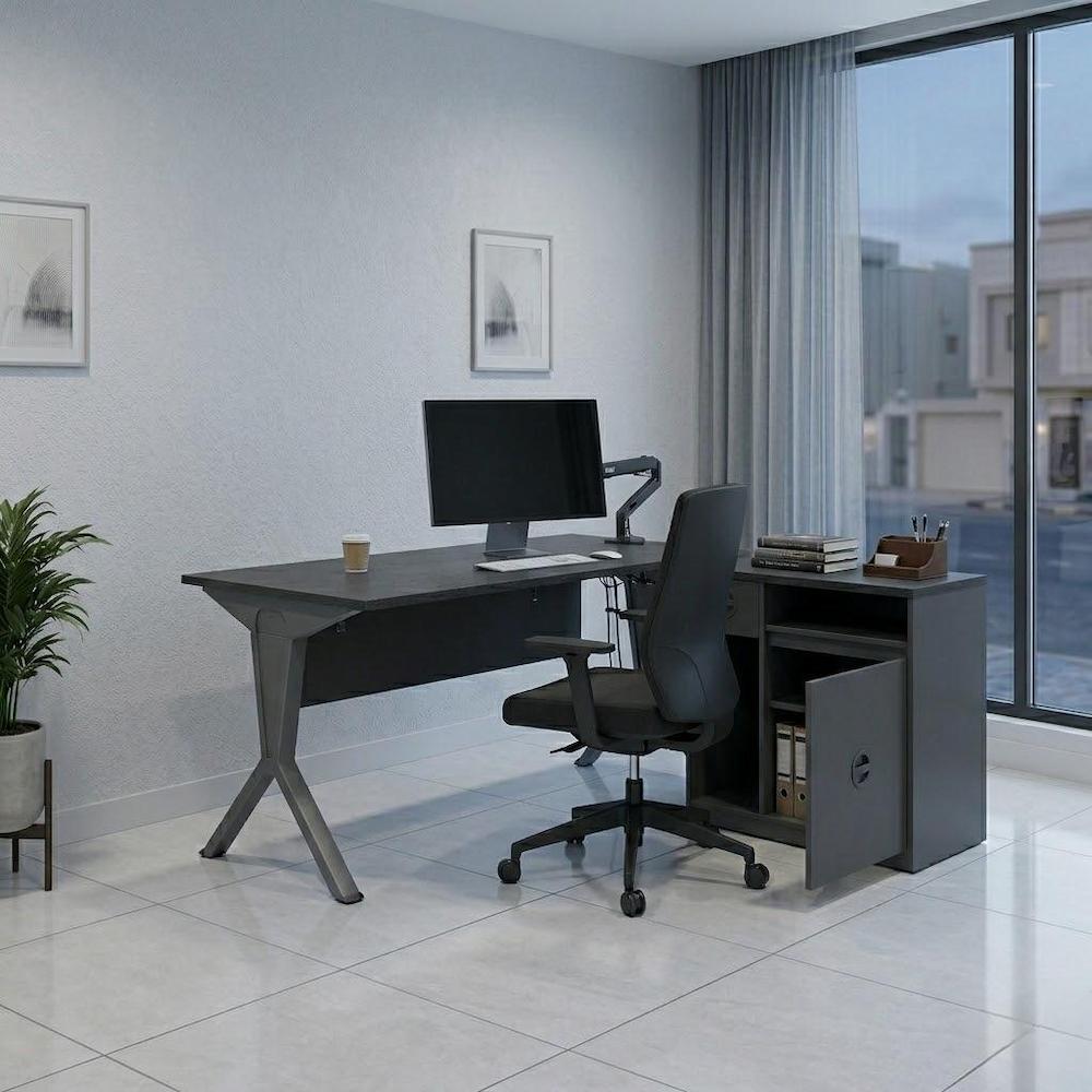  Black work desk with open storage unit in a modern home office 