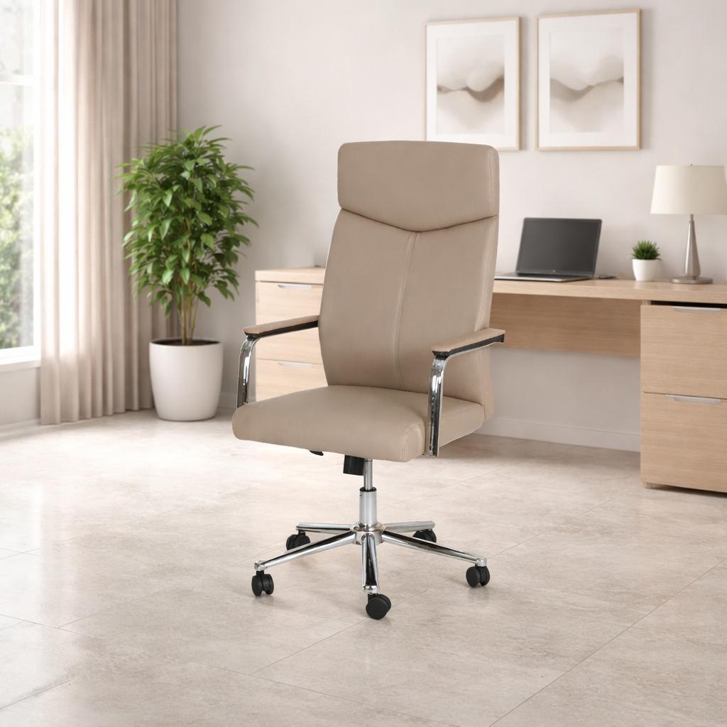  Beige fixed office chair with modern design in a contemporary office setting 