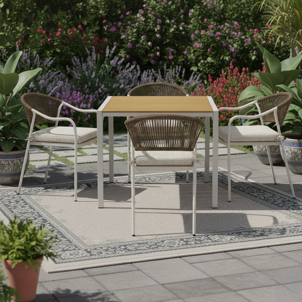  Outdoor 4+1 patio set in champagne and beige color placed in garden 