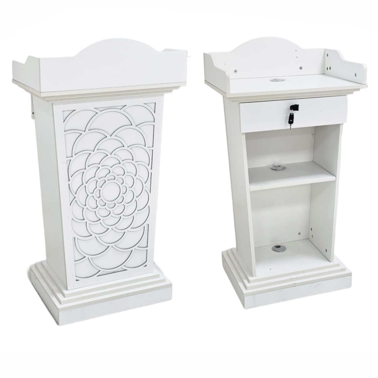  White wooden minbar featuring circular carving with drawer and storage shelves 
