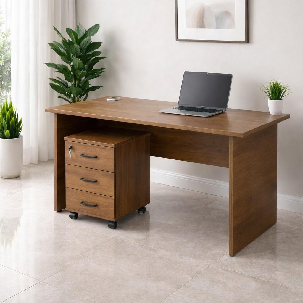  Front angle of brown wooden office desk – Brown 