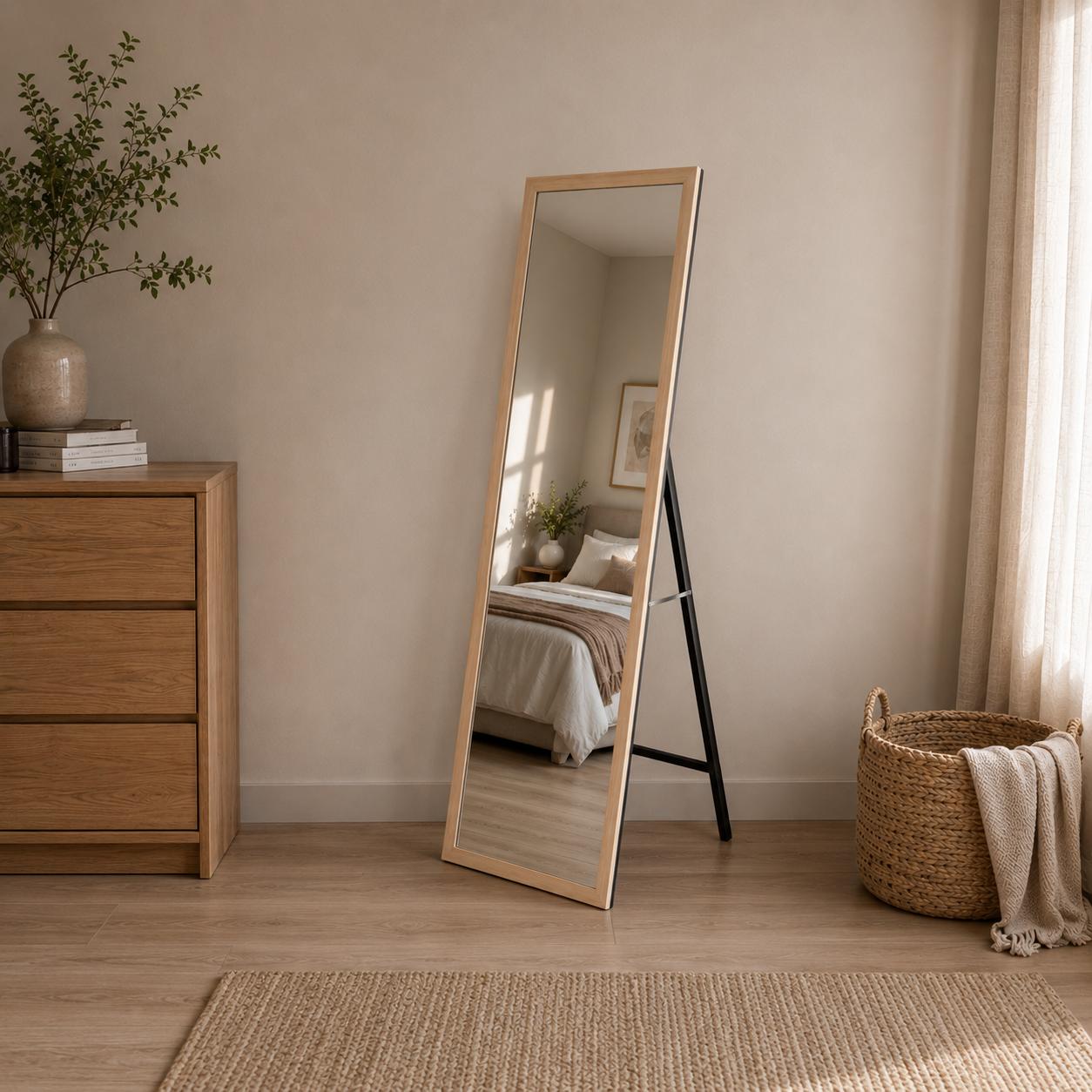  Light wood standing mirror in calm bedroom 