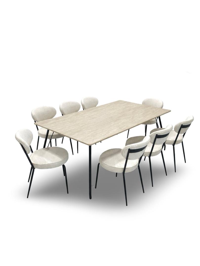  180x100 dining table with 8 chairs in light wood and beige 