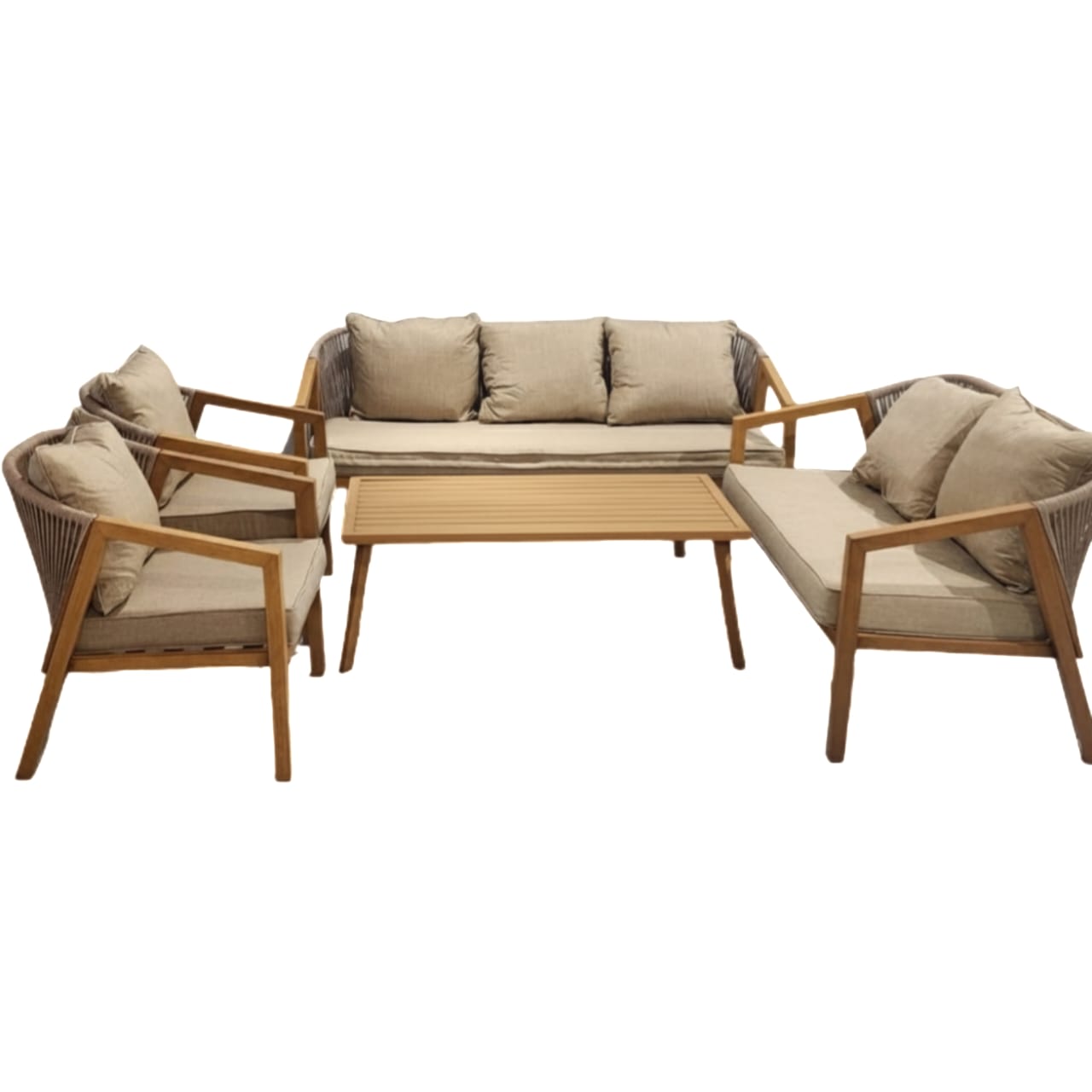  Luxury wooden outdoor garden set for seven persons with beige cushions and natural wood frame 