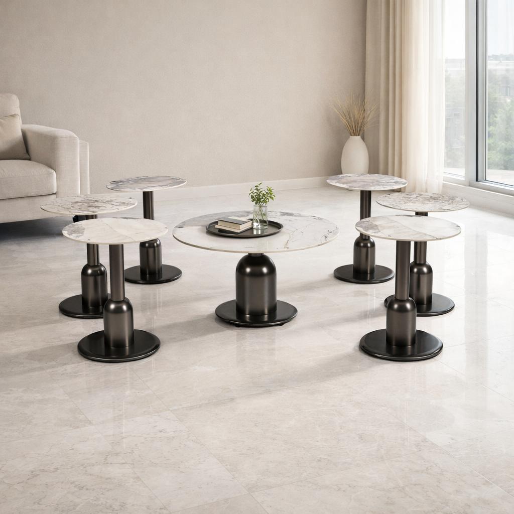  White marble table set with black metal base 