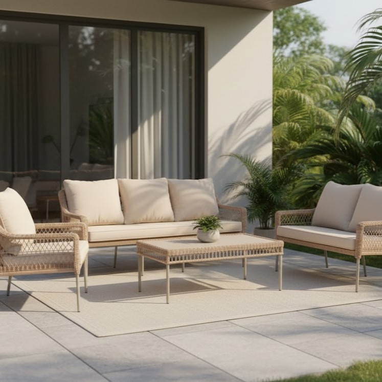  Luxury beige outdoor seating set styled in a modern patio 