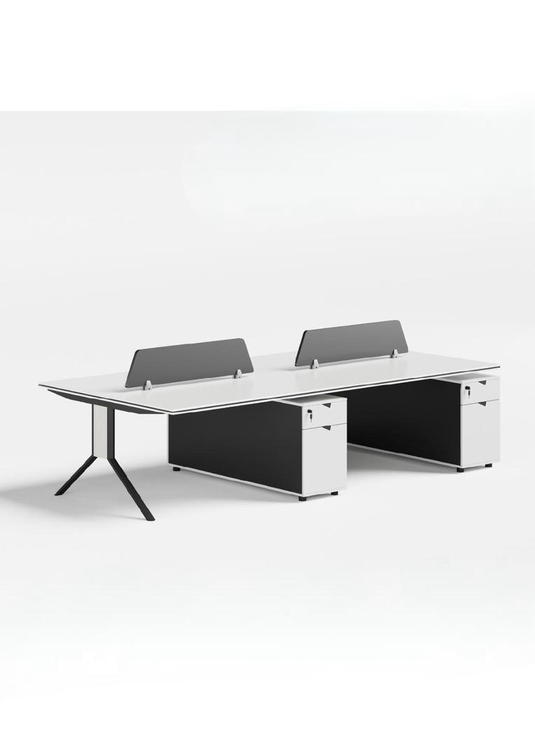  White and black double workstation desk with side drawers 