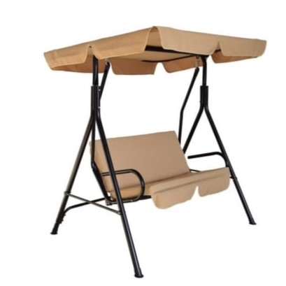  Beige garden swing with sturdy metal frame for outdoor use. 