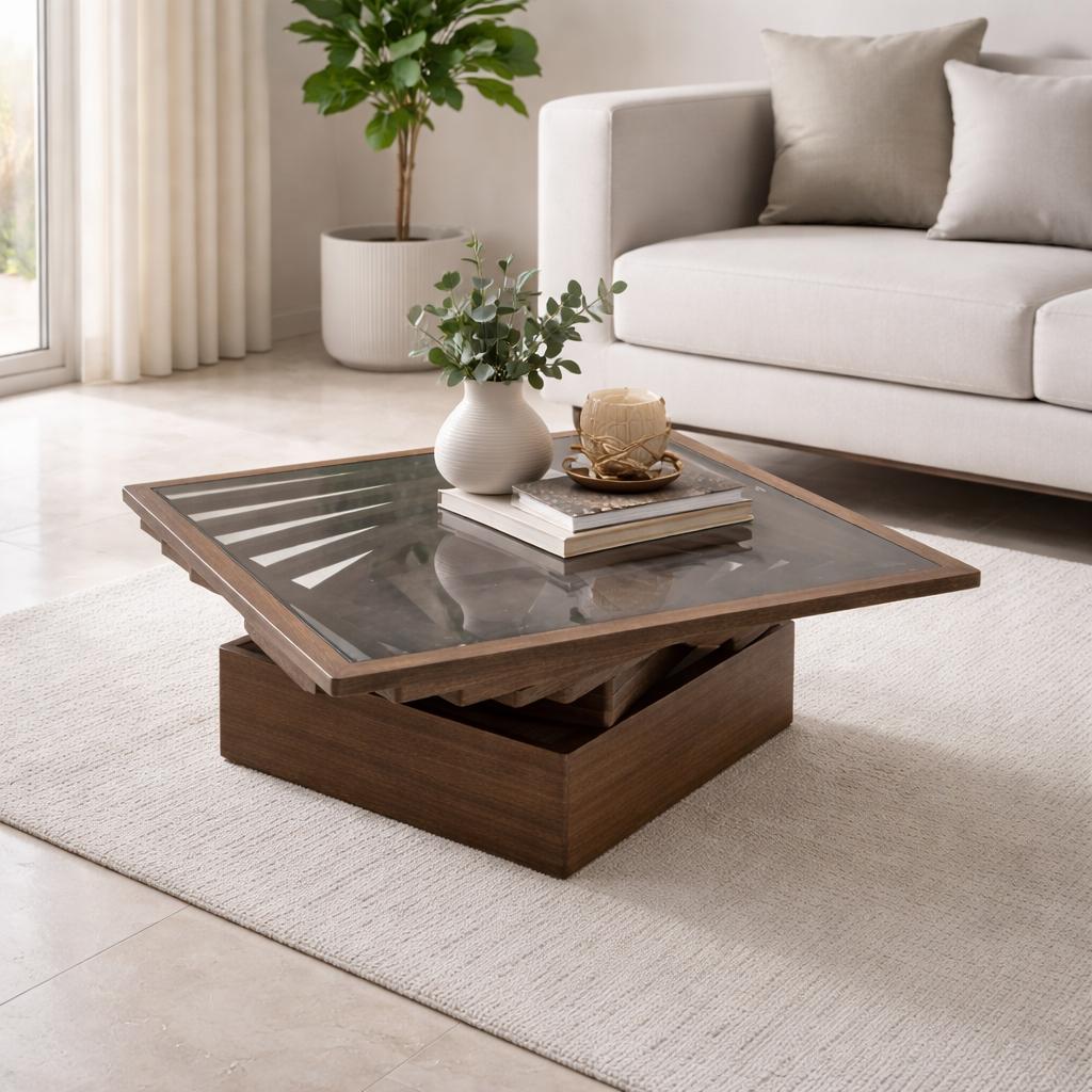  Wooden coffee table with glass top in dark brown modern design 