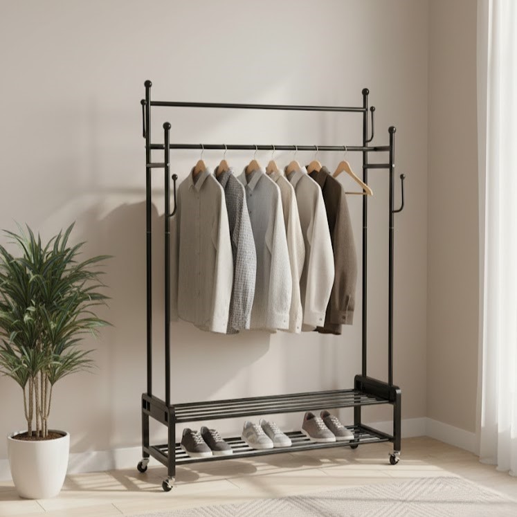 Black mobile metal clothes rack styled in modern room 