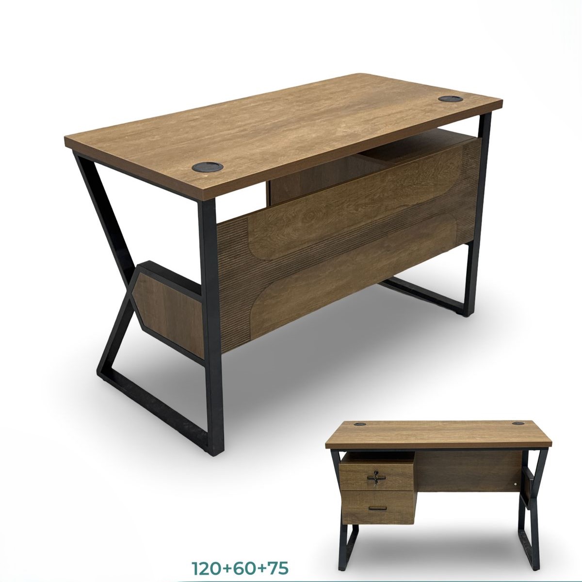  Natural wood office desk with white metal frame adding warmth and elegance to the workspace 