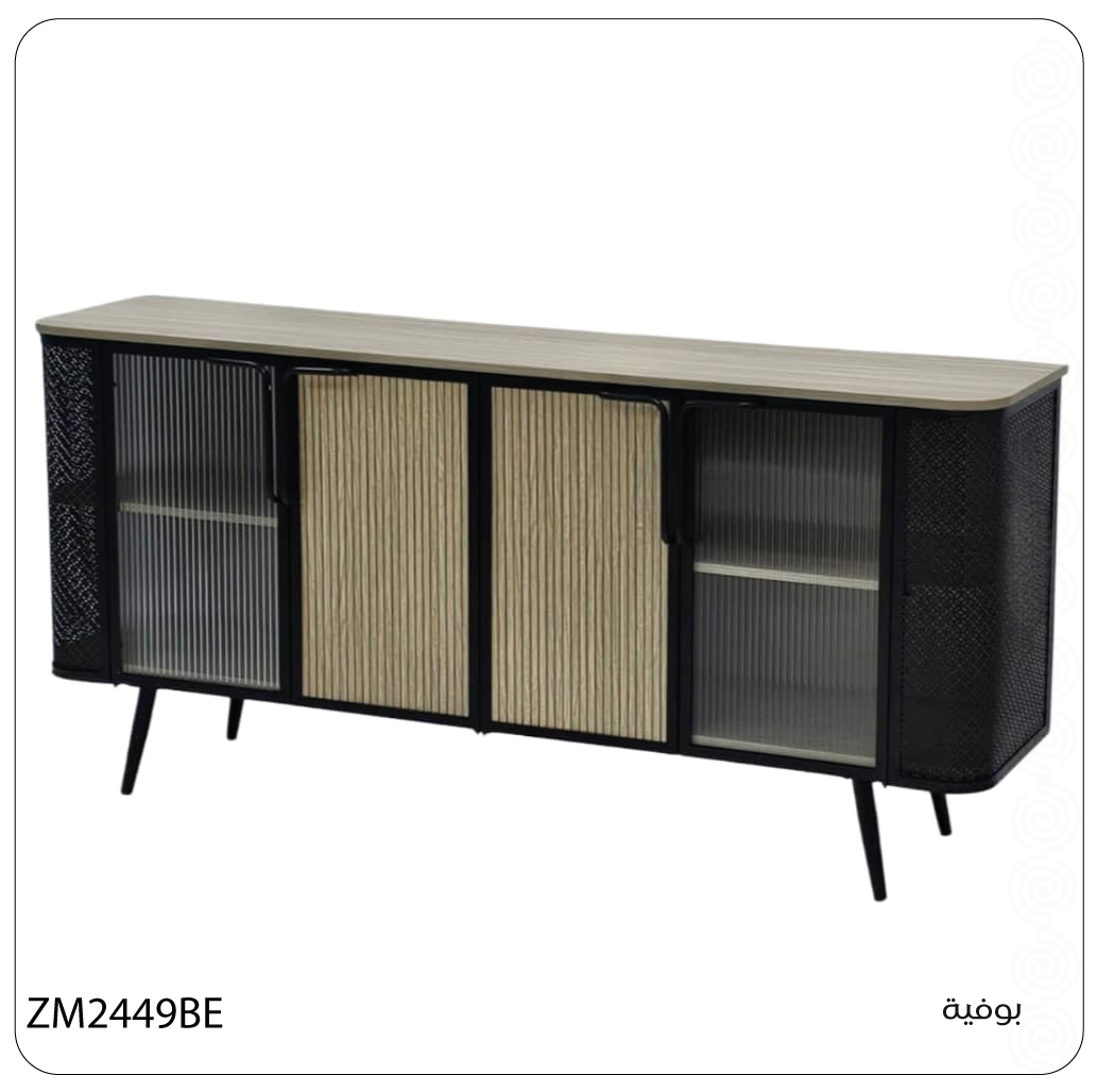  Beige wood buffet with rippled glass doors and metal base 
