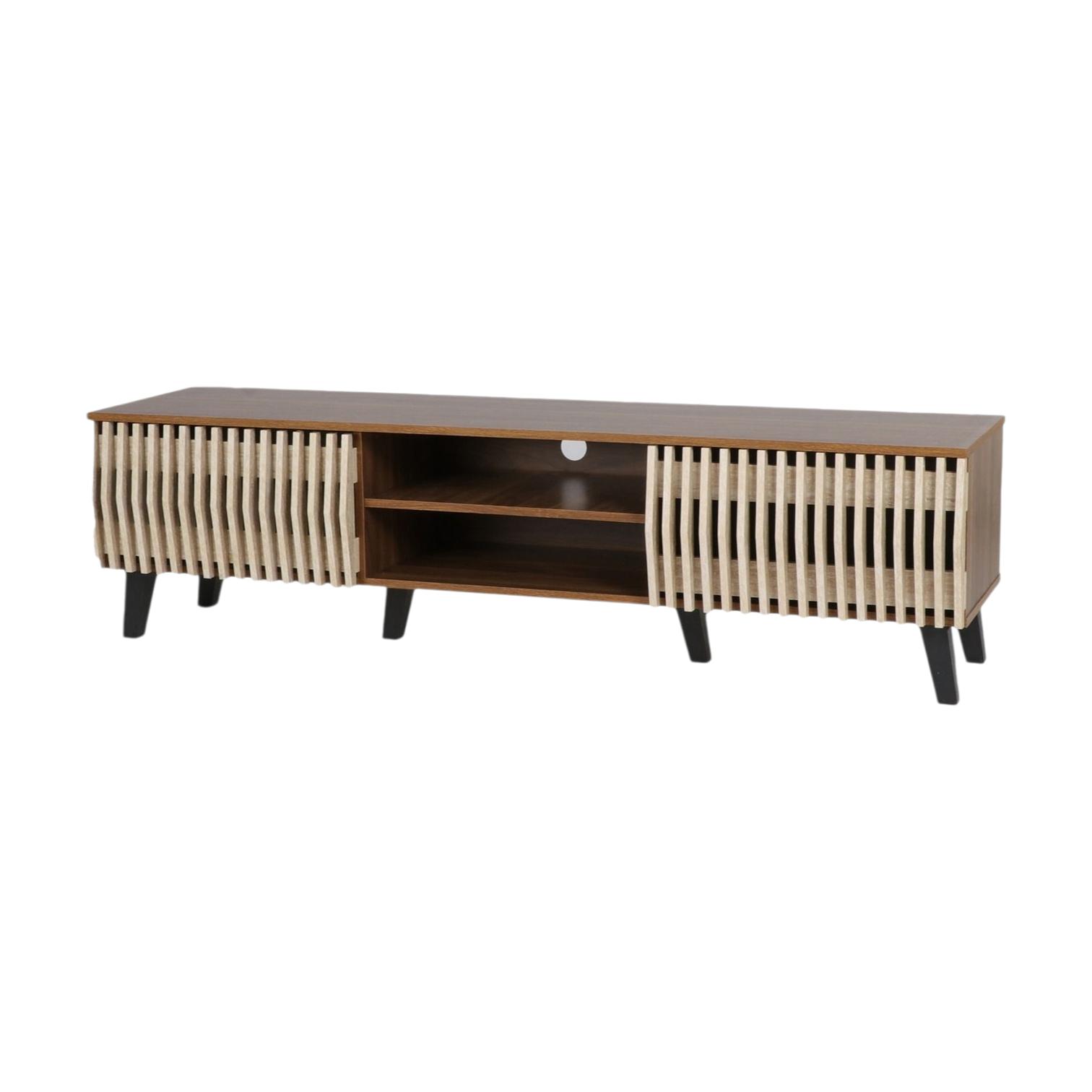 Modern multi-color TV stand with light wood slatted front design 