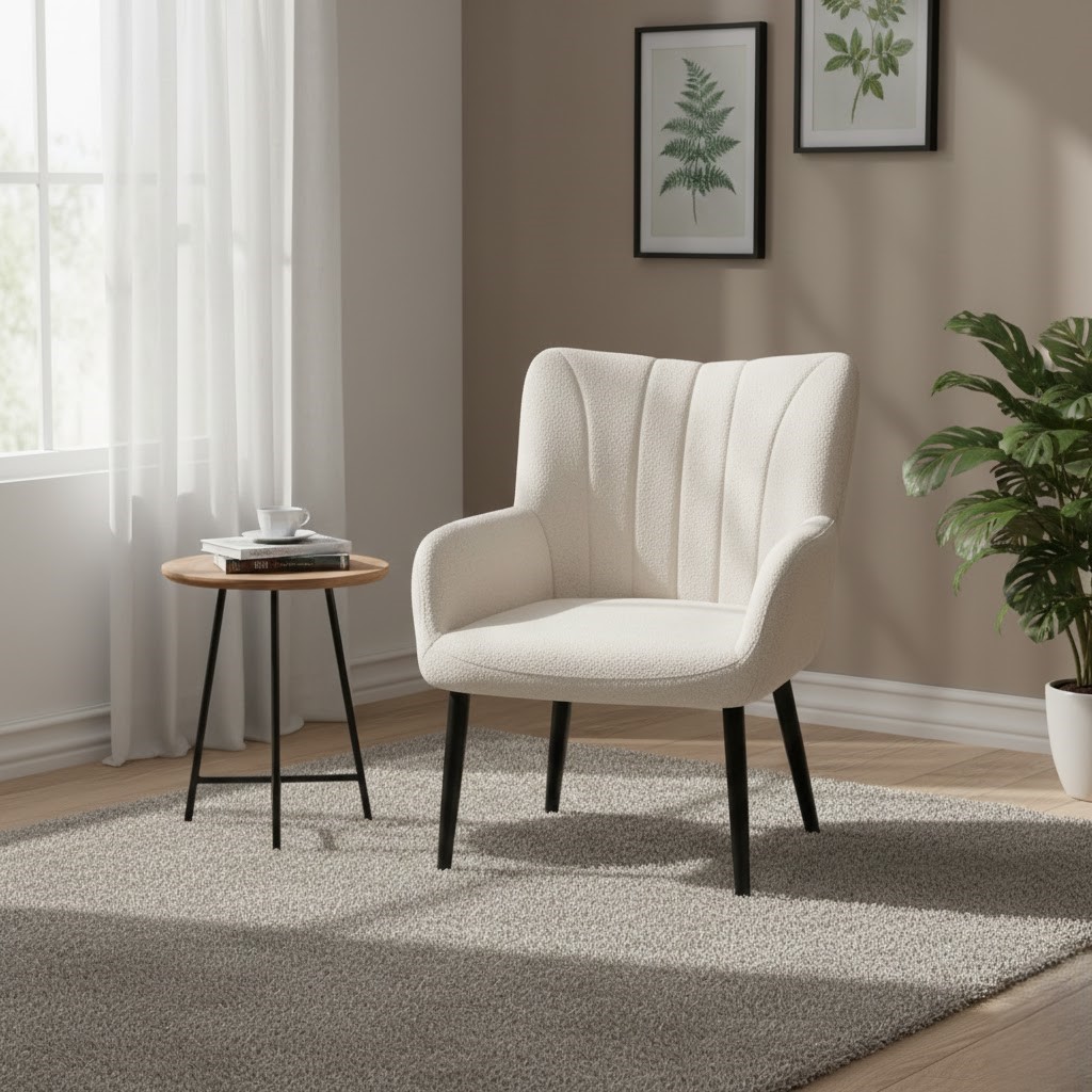  White bouclé chair with modern design and black legs 