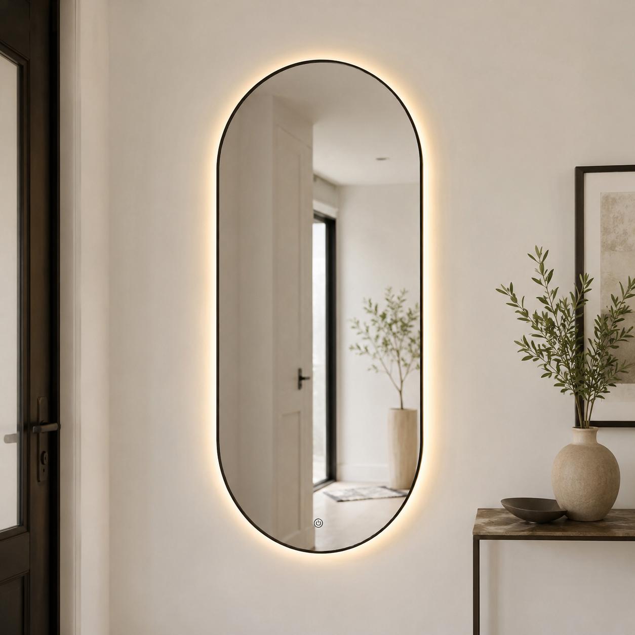  Arched LED wall mirror with slim black frame by Lamsat Furniture 