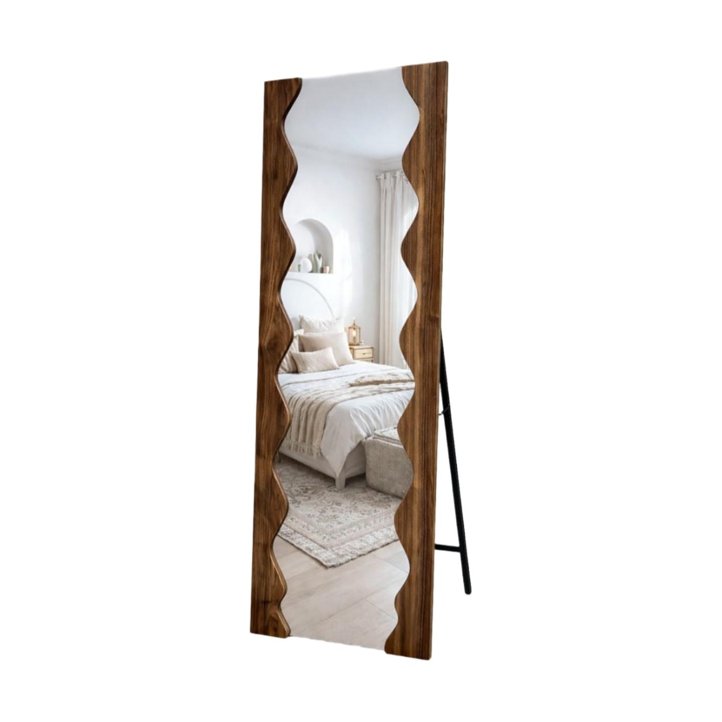  Wavy standing mirror with modern wooden frame 