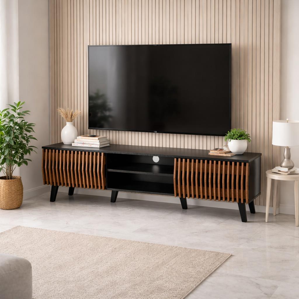  Modern TV stand with wooden slatted facade in a contemporary living room 