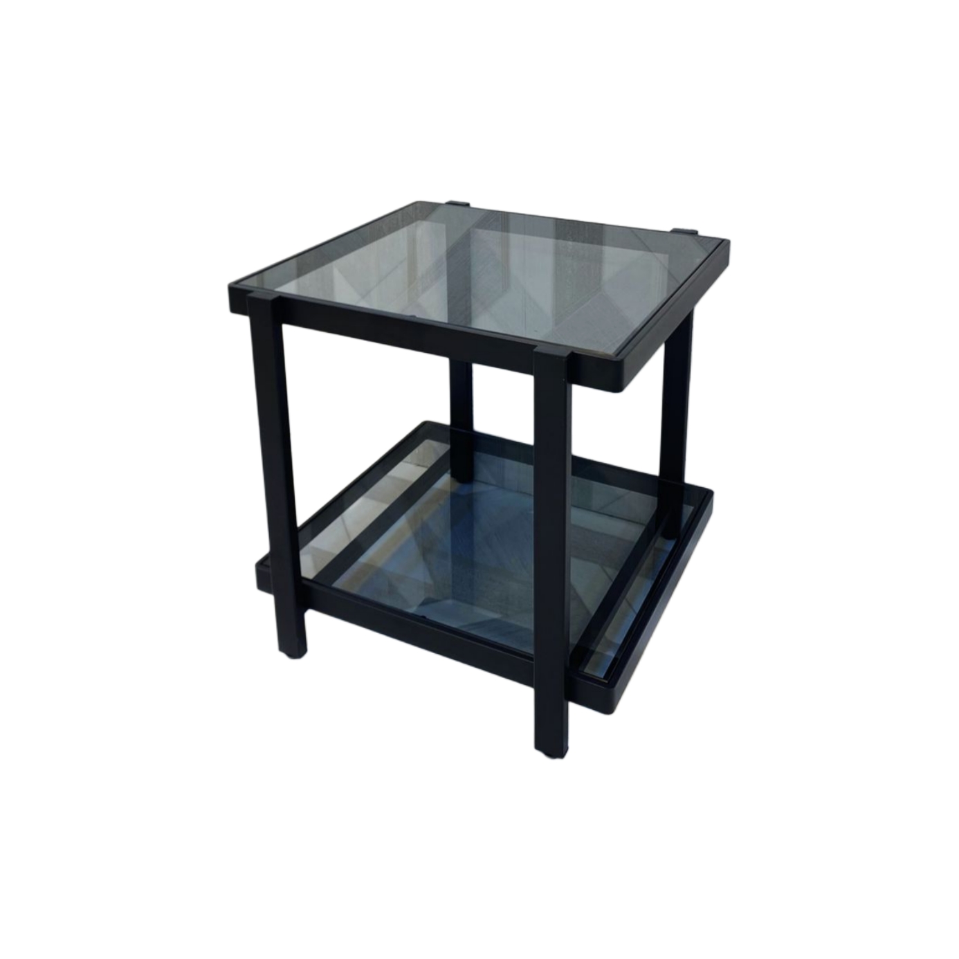  Black square glass side table two-tier modern design 