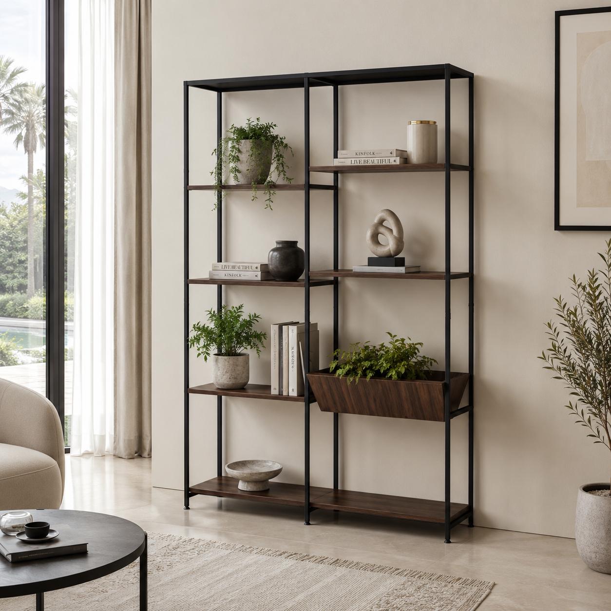  Black storage shelf with brown shelves in living room 