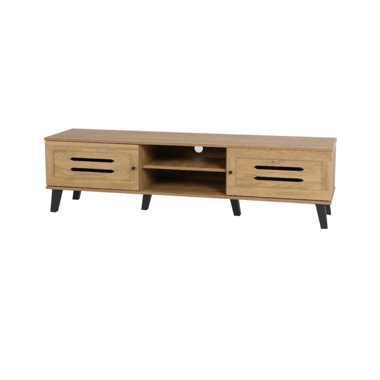  Light wood TV stand with two doors, center shelves, and black legs 