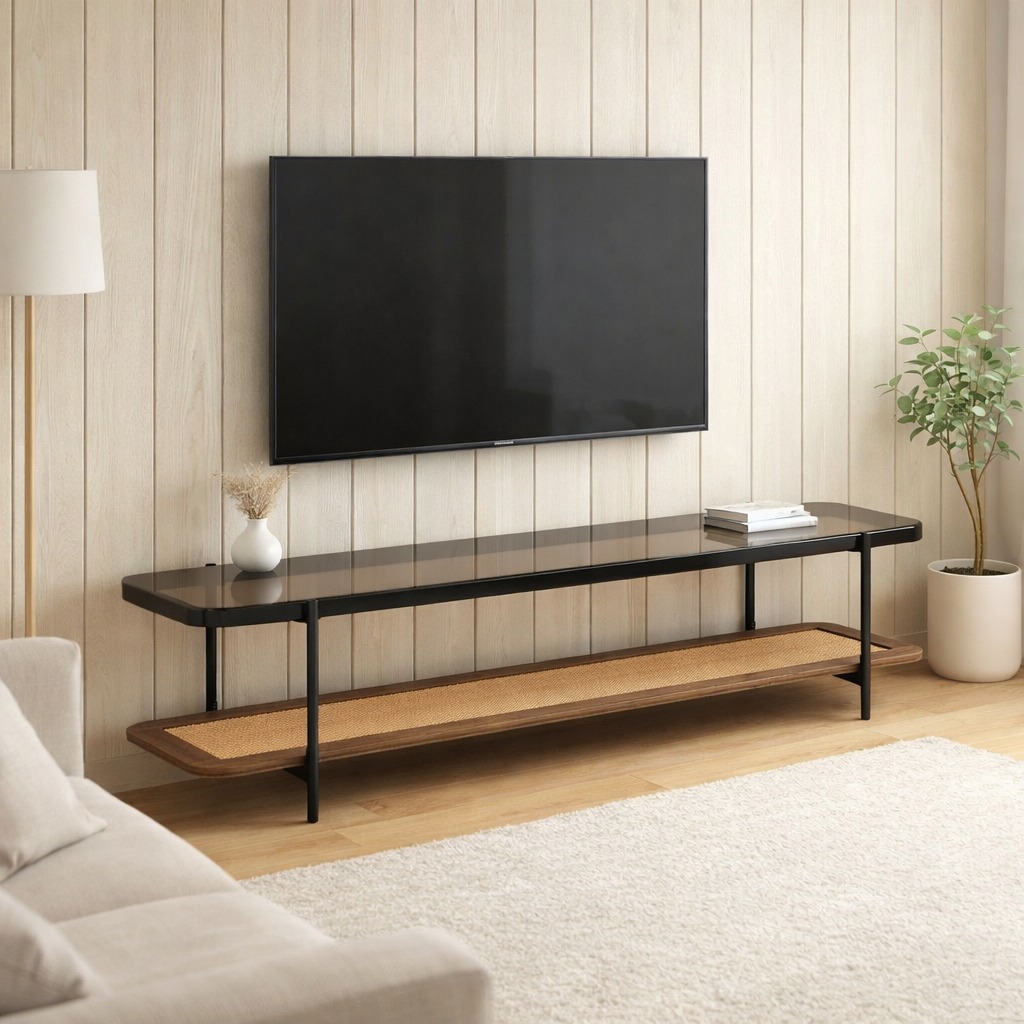 TV console smoked brown glass top with black frame and brown shelf 