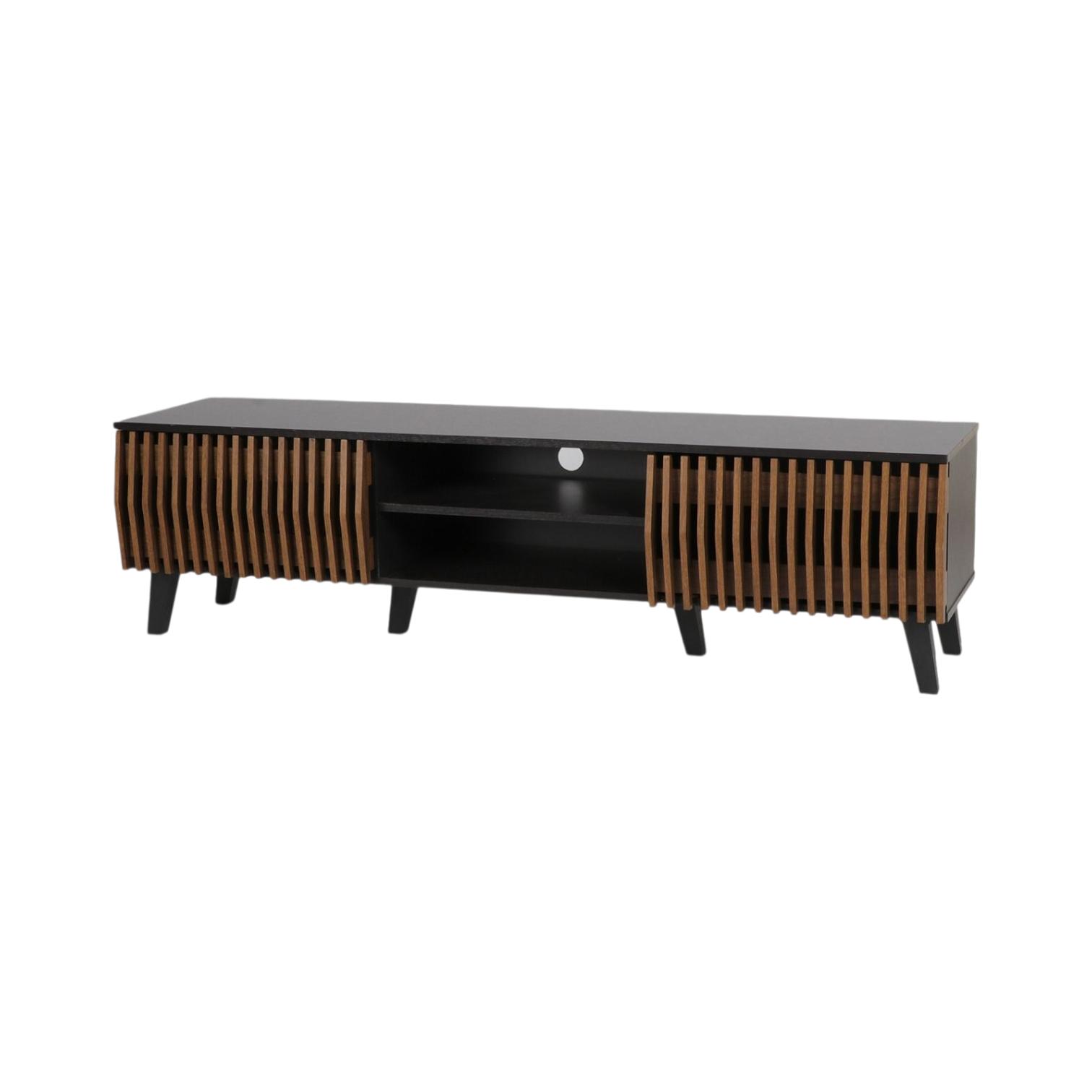  Modern multi-color TV stand with dark wood slatted front design 