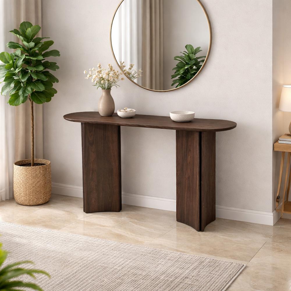  Dark brown wooden console with curved top and wide legs 