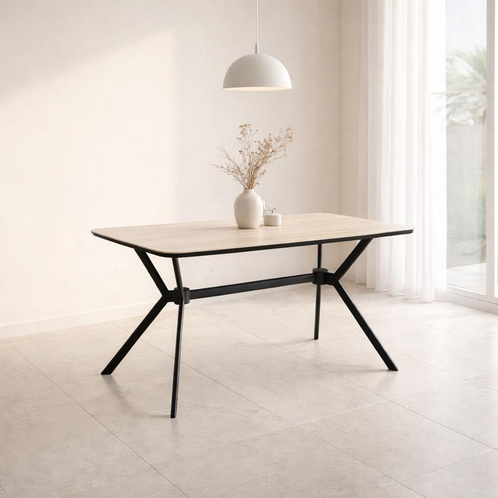  Ceramic dining table light wood color with black legs 