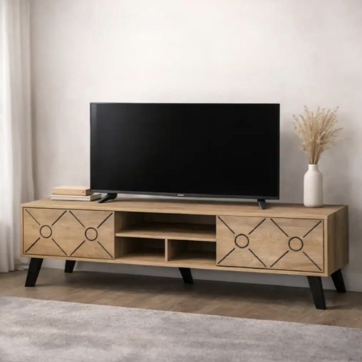  Light wood-tone TV stand with geometric cabinet fronts 