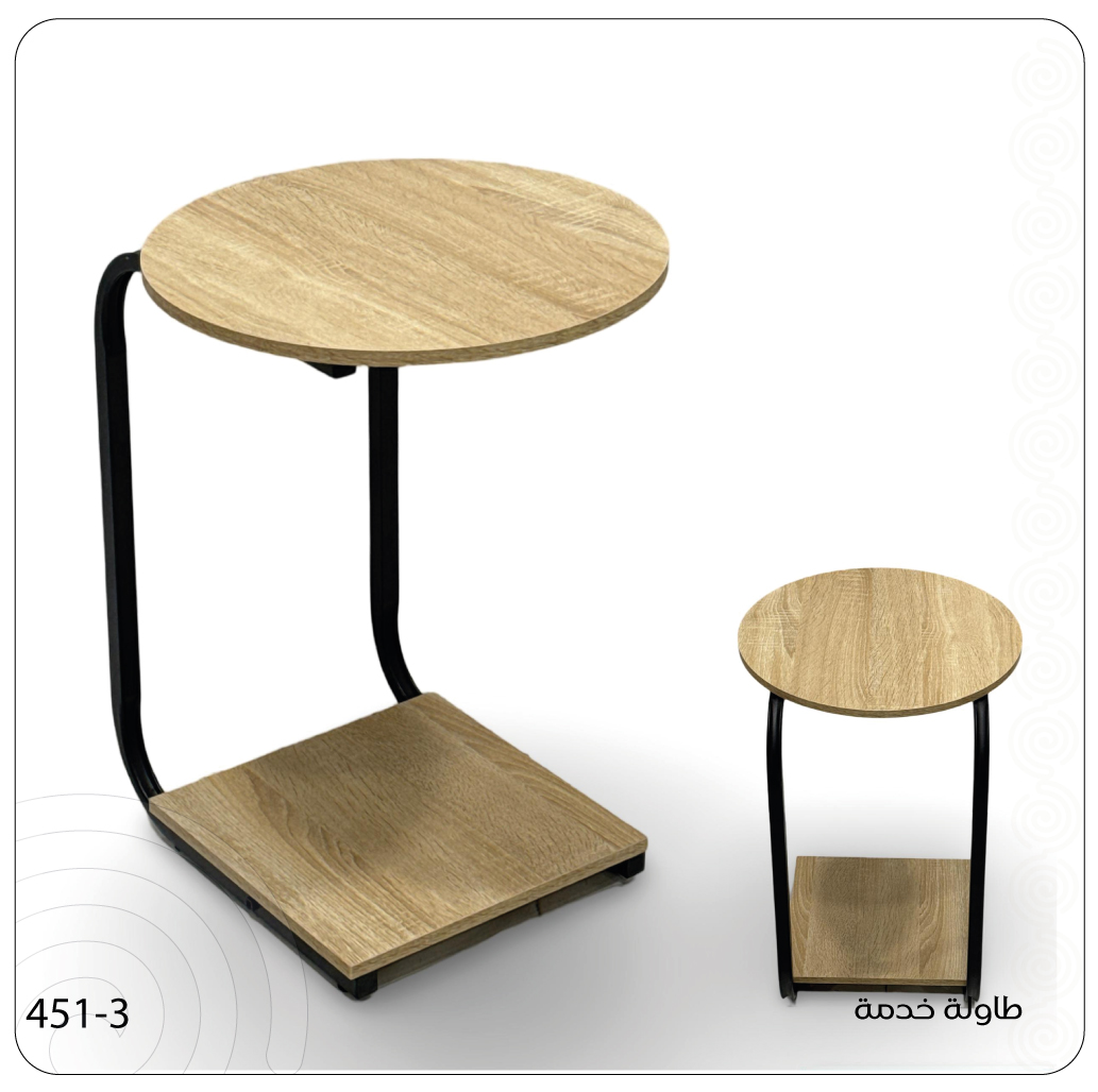  Round side table in warm beige wood tone, adding a natural touch. 